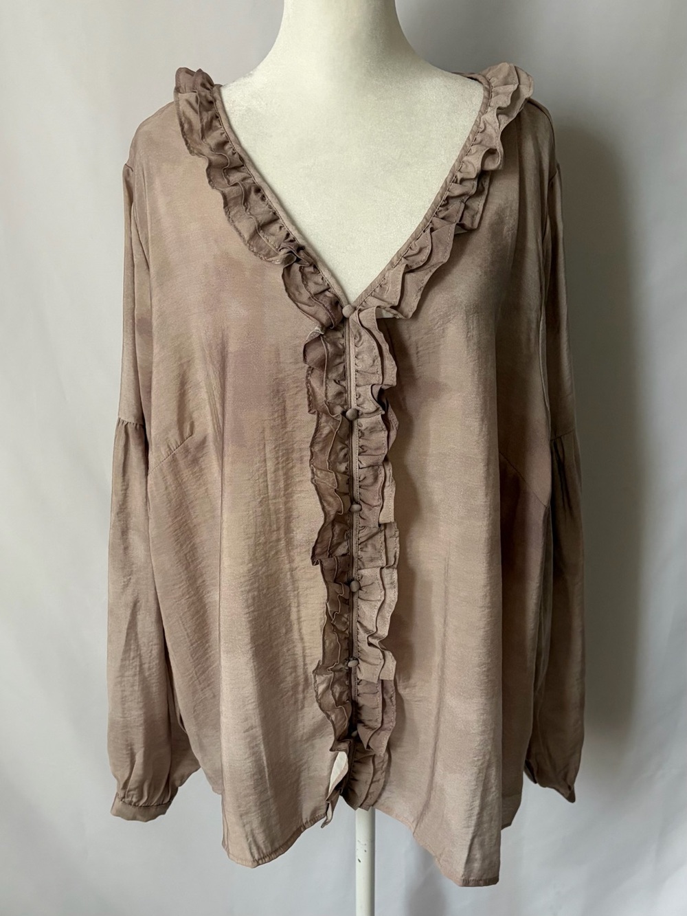 New Me by Jennie Garth Bodie Printed Blouse with Ruffle Neckline Sand size 1X